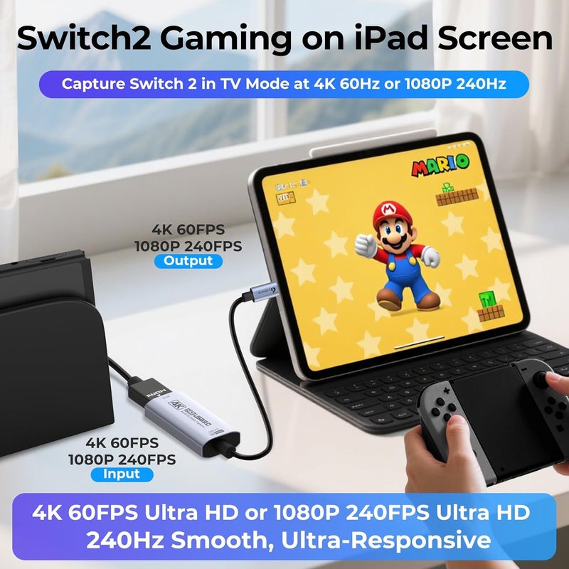 Guermok HDMI Capture Card 4K@60FPS, 1080P@240FPS USB 3.0 HDMI to USB A/C Video Capture Card for Streaming, Works with iPad, Switch 2/1, PS5/4, Xbox, Quest 3, Mac OS, Windows, Zoom, OBS, Camera - Image 2